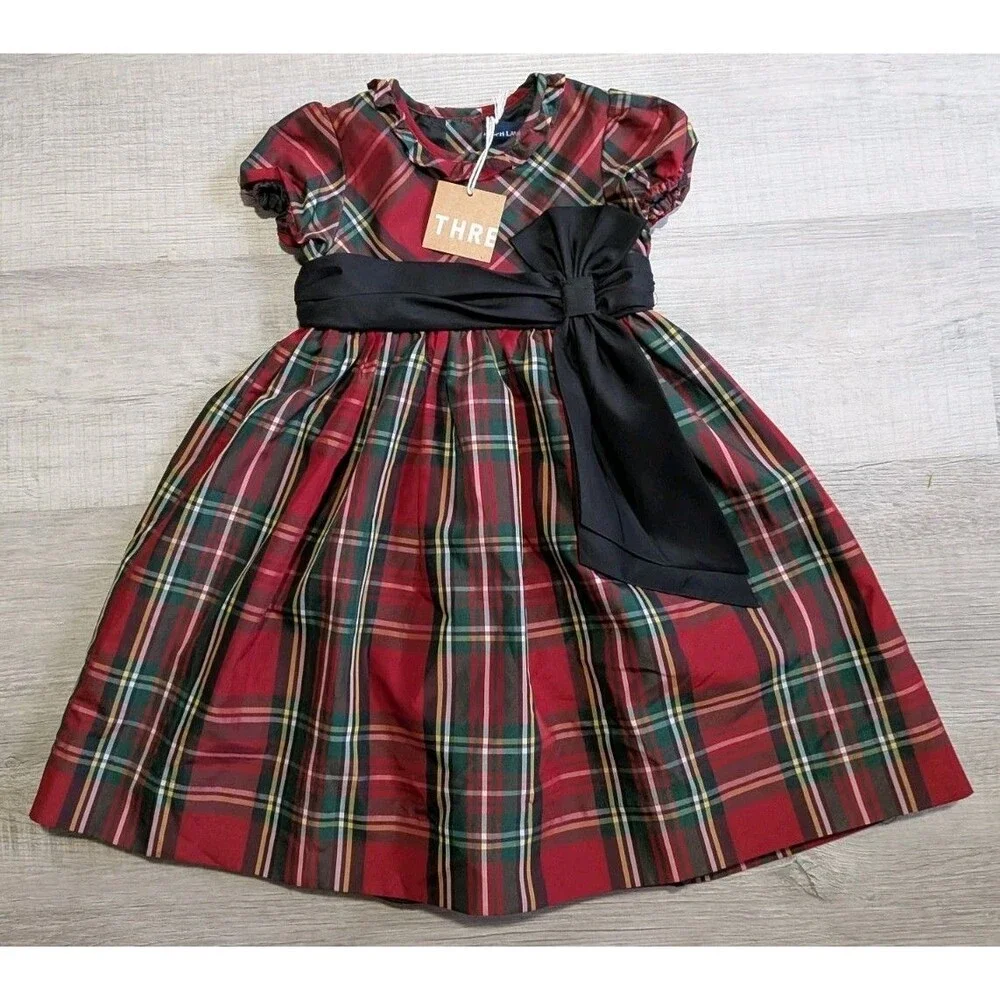 Ralph Lauren Tartan Plaid Bow Sash Holiday Party Dress Toddler Girls 24M Red NWT